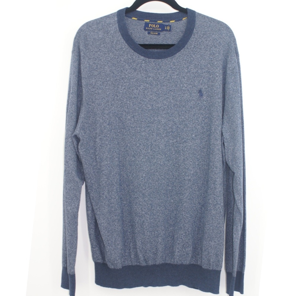 Polo Ralph Lauren Mens Blue Pima Cotton Crewneck Sweater Large Heathered Knit